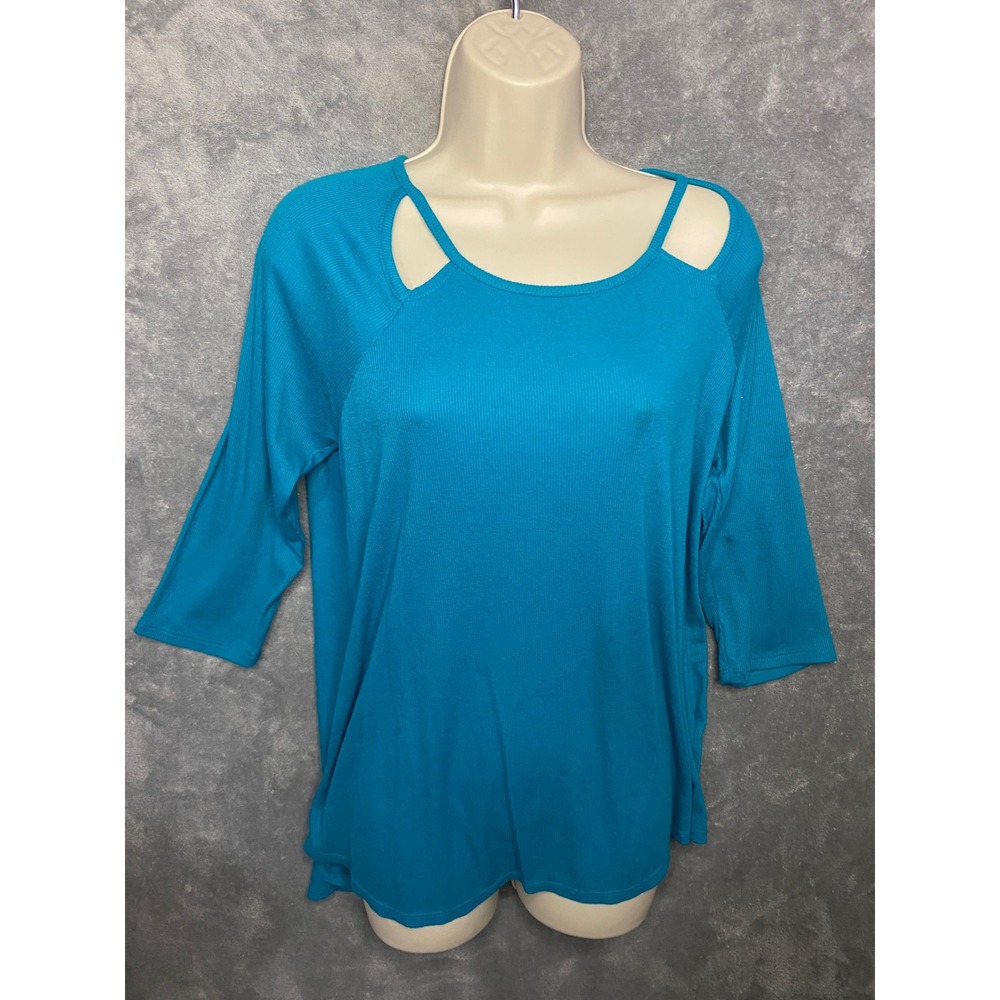 A‎ New Approach Turquoise Blue Cutout Neck 3/4 Sleeve Ribbed Knit Top Women's L